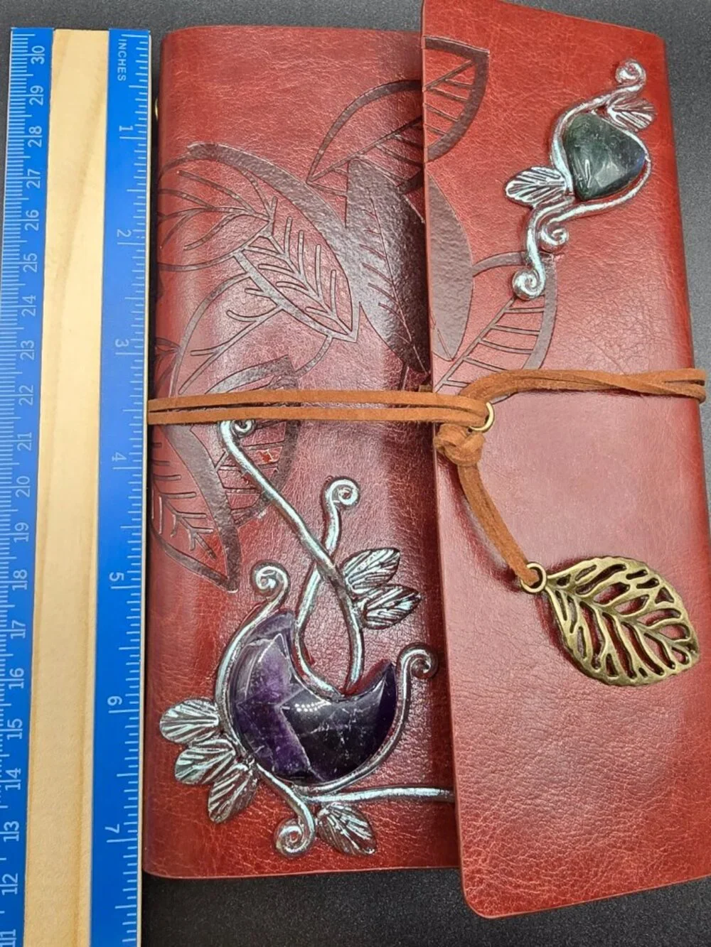 Brown Faux Leather Journal | Amethyst Crescent Moon & Labradorite Heart